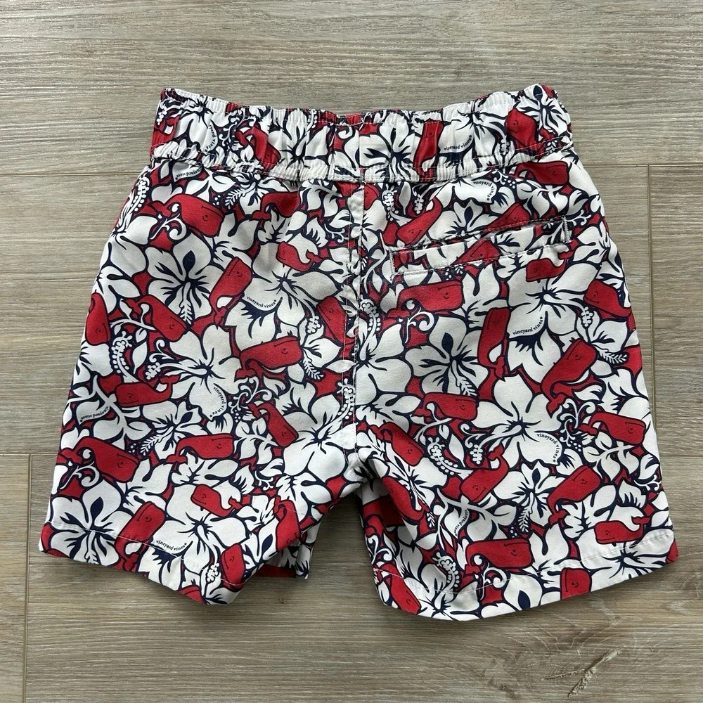 Vineyard Vines‎ Swim Trunks Boys Size XS(4/5) Red White Blue Whales Preppy Beach